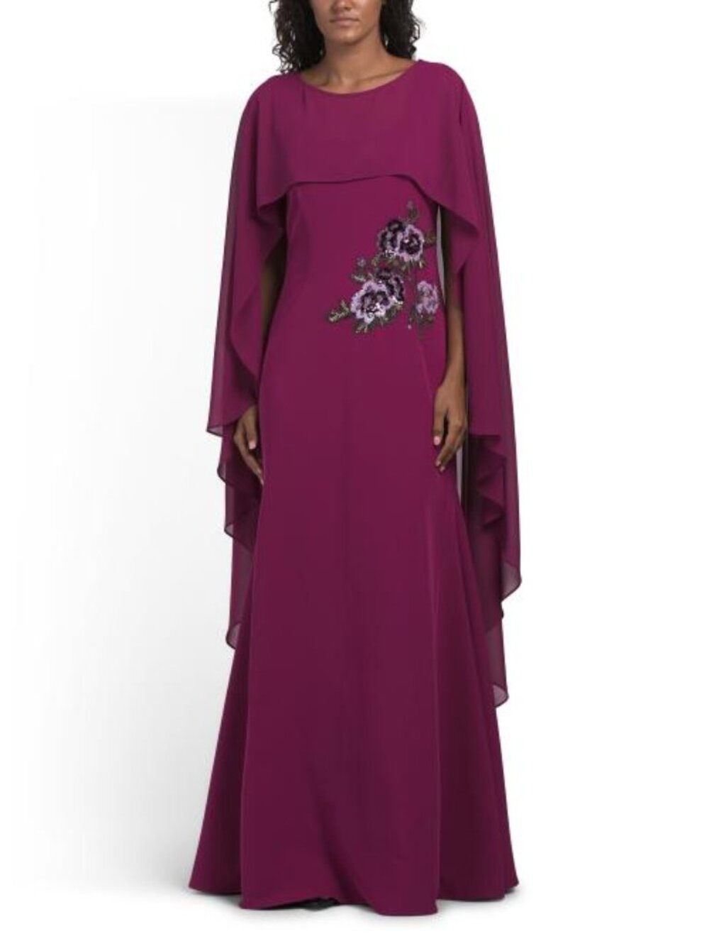 RENE BY RENE RUIZ Scoop Neck 3d Embellished Gown With Organza Capelet